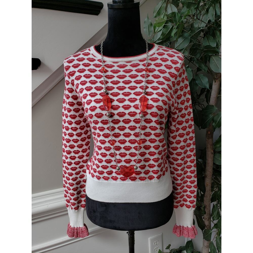 French Connection Sweater Womens Large Red Kiss Print Coquette Cropped Knit